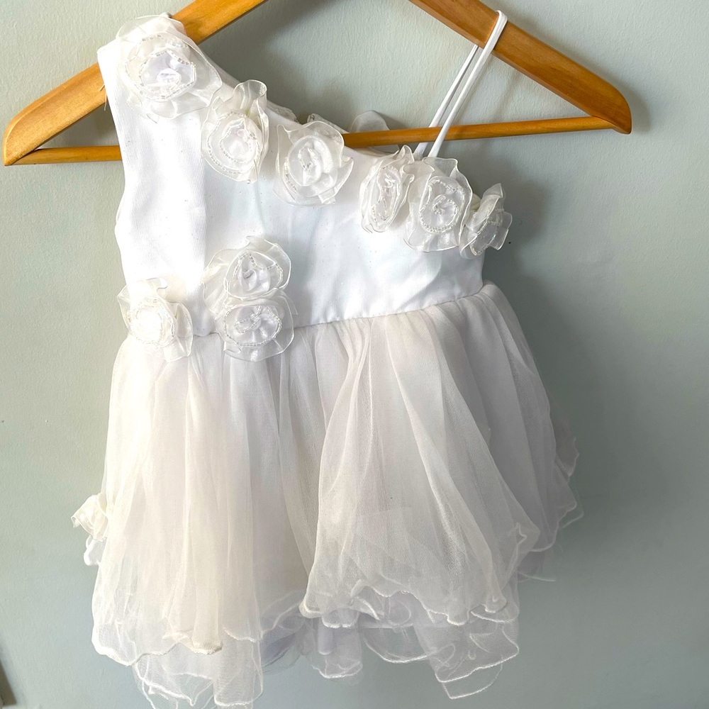 Ailis Designer One Shoulder Occasion White Rose Ruffle Party Dress Size S